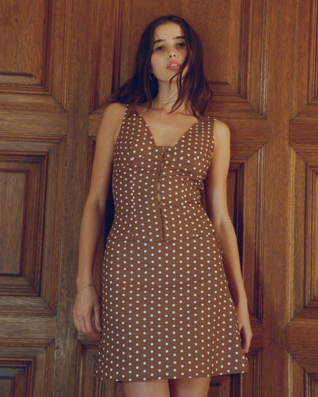 Darci Top in Maple brown polka dot button up top with plunge neckline and thick straps