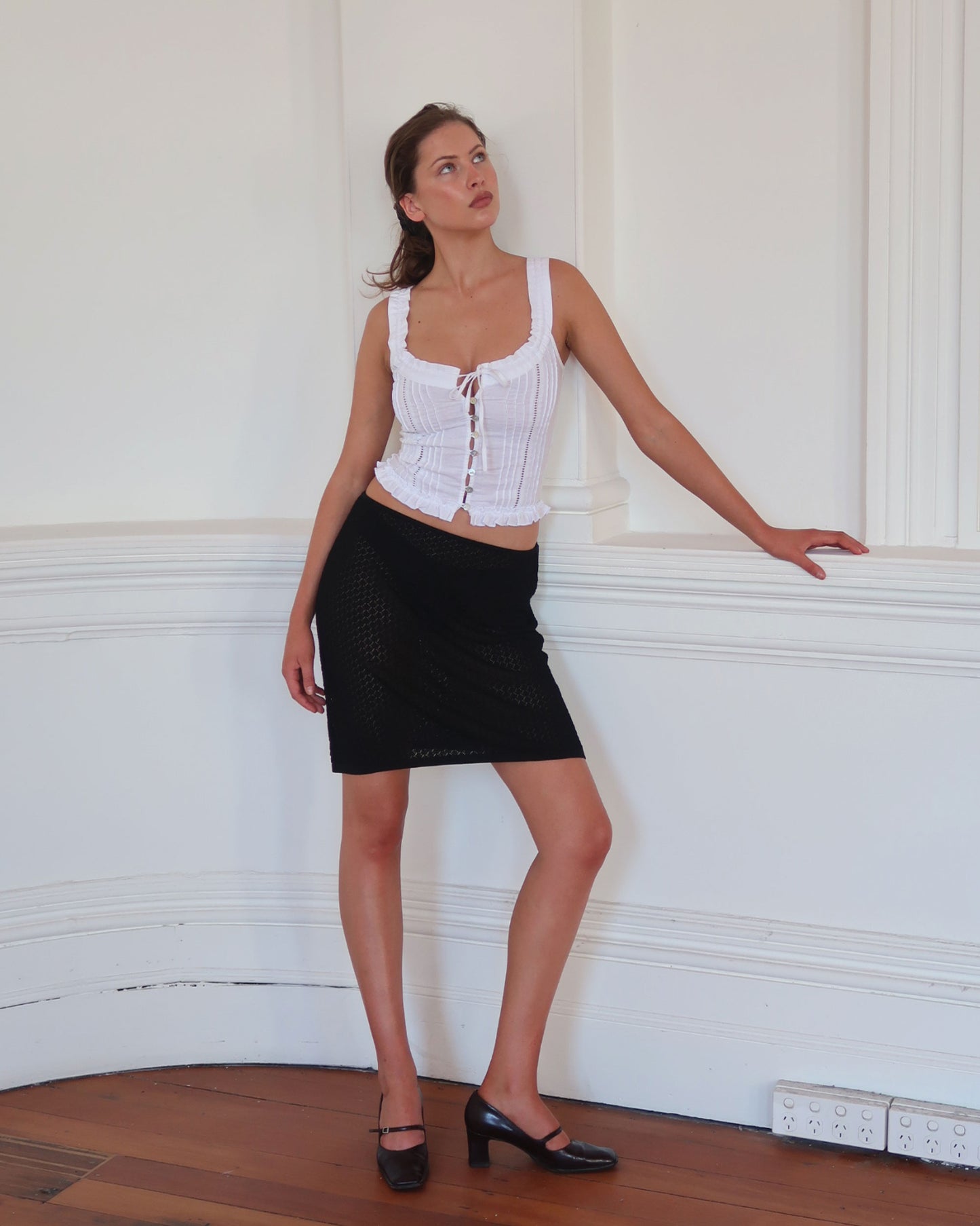 Women's black midi skirt in sheer knit with low waisted fit 
