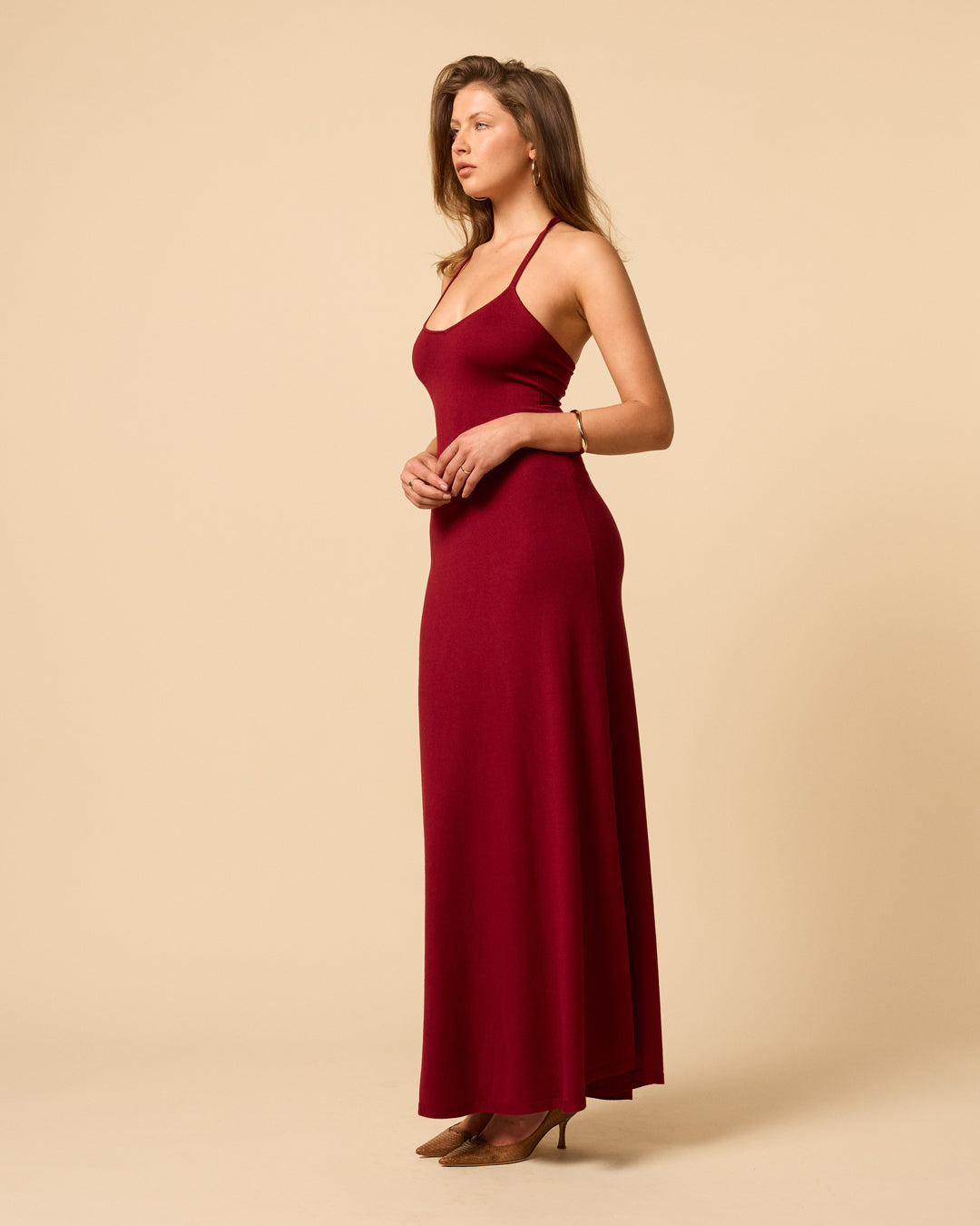 Madeline Dress in Merlot deep red maxi knit dress with sweetheart neckline and open back