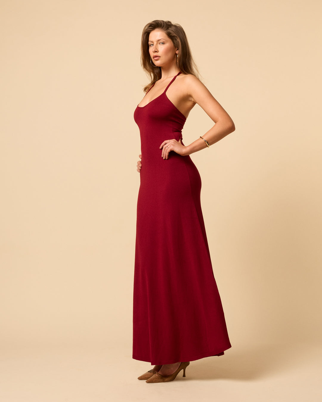 Madeline Dress in Merlot deep red maxi knit dress with sweetheart neckline and open back