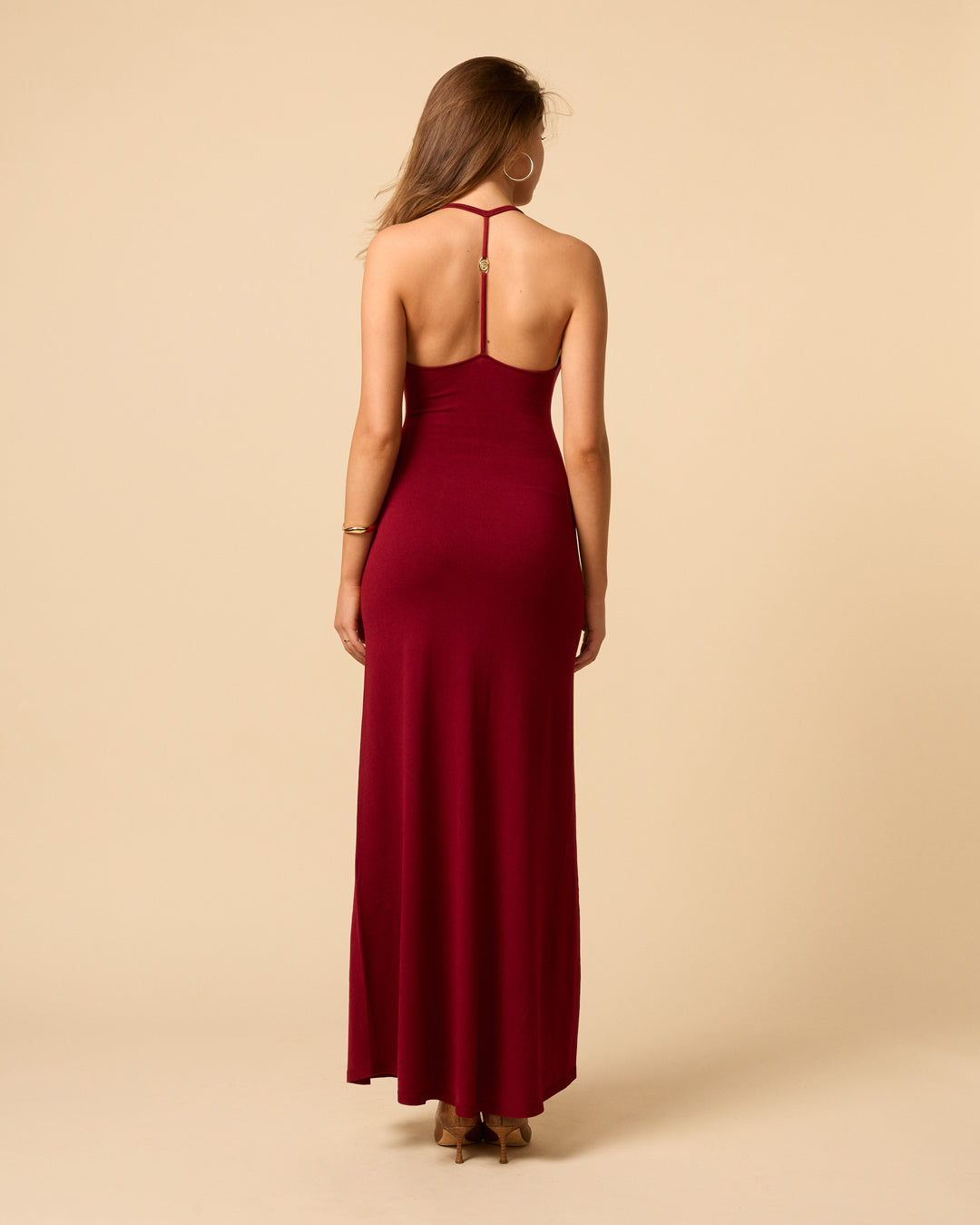 Madeline Dress in Merlot deep red maxi knit dress with sweetheart neckline and open back