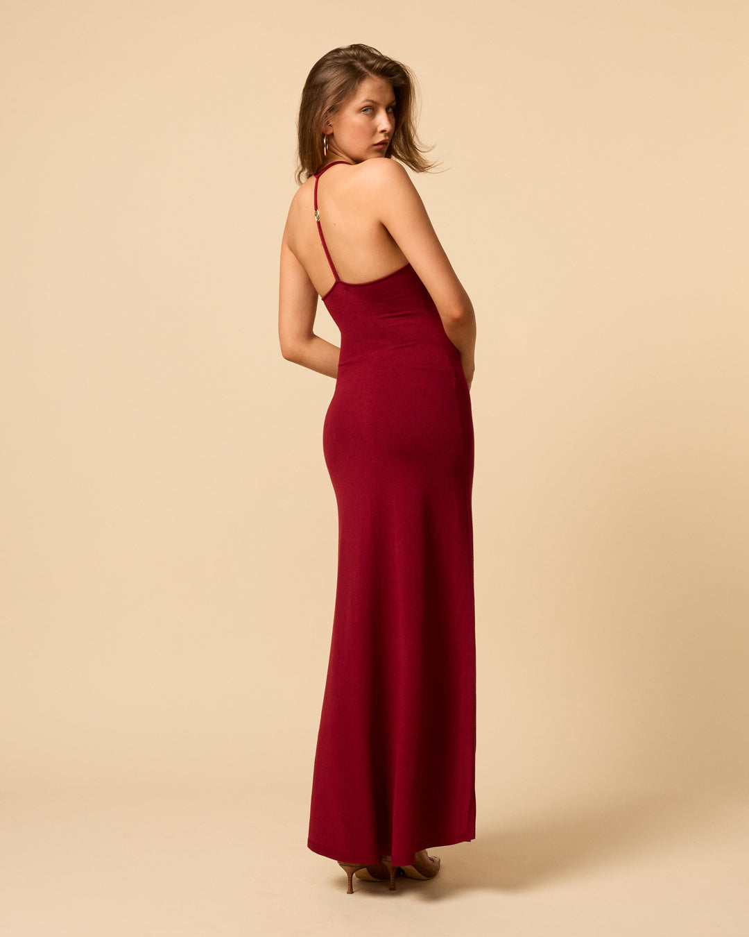 Madeline Dress in Merlot deep red maxi knit dress with sweetheart neckline and open back
